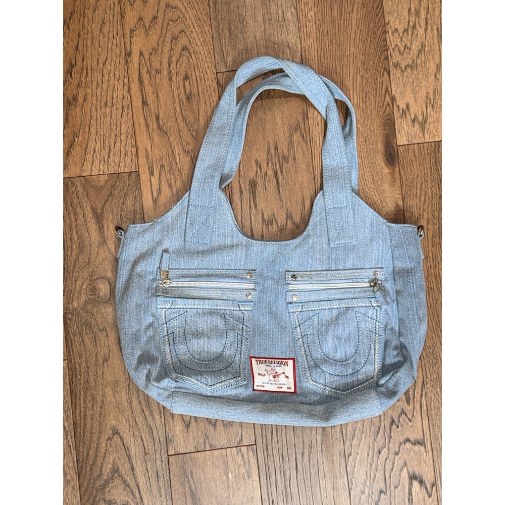 True Religion Denim Tote Bag Women Light Wash Blue Horseshoe Pockets OS
